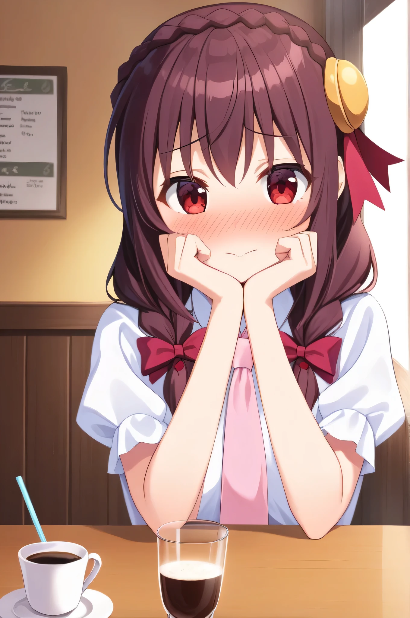 alone, One girl, Yunyun, (Embarrassed look:1.5)、 (blush:1.5)、Crown braids of the same color as your hair, Red Eyes、hair ornaments, Hair Ribbon, Pink tie, White dress, Cafe、A large drink with two heart-shaped straws on a table