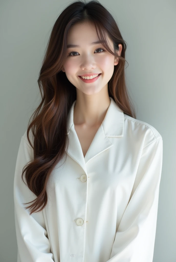 Cute Japanese woman in white clothes。Long hair。Gently smiling face。