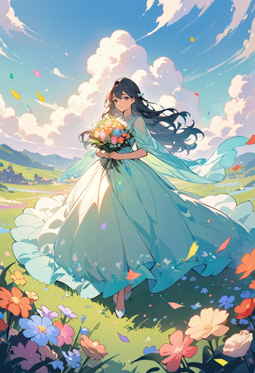 A girl wearing a dress made of transparent flowers, the dress is long and flowing, her hand is holding a bouquet of colorful confetti, she is standing on a green meadow, with a gentle breeze, gentle sunlight. , light dust, pastel colors, concept art fantasy, 8k, wind, clouds, fantasy, dream, beautiful color combination, perfect layout, meticulous, 8k, clear details, vibrant