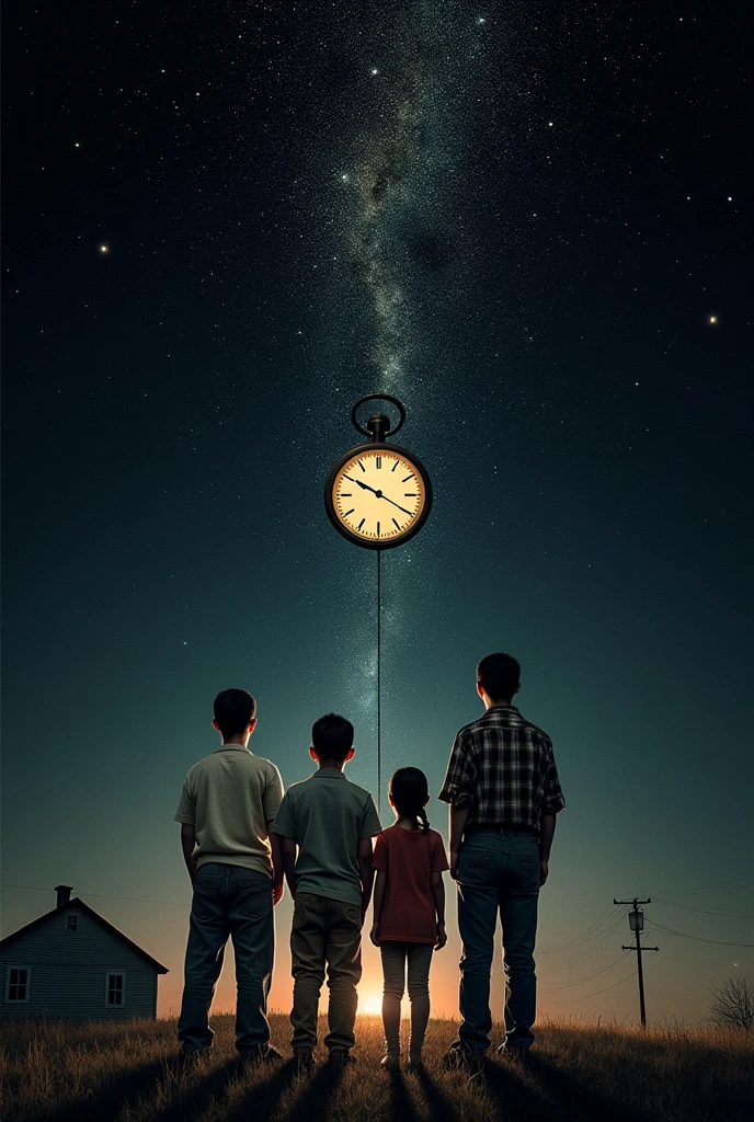 I need a book cover. It needs black background with stars like night sky. There should be a house and childhood photo of 3 children with 2 elder brothers and 1 sister. Girl should be in between 2 brothers. Put a clock to reprsents time passing. And in the bottom of the cover there should be adulthood picture of them backside. 2 elder boys and 1 girl and girl should be in the middle now they should be grown up