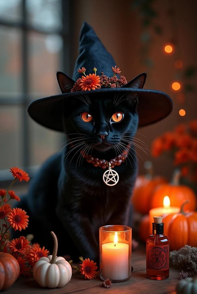 a cute black cat wearing witch'shat, surrounded by candles, crystals, and other magical items, no humans, hat, witch hat, animal focus, cat, candle, animal, flower, black cat, fireplace, indoors, pumpkin, wiccan artifacts,hyper-detailed,ultra-realistic, 8k,ultra-realistic, hyper-detailed, 32k uhd, (Background is Luxury Witch Room and Magic Room) Necklace hexagram, Candles, magic bottle large and Magic small bottle,red eyes