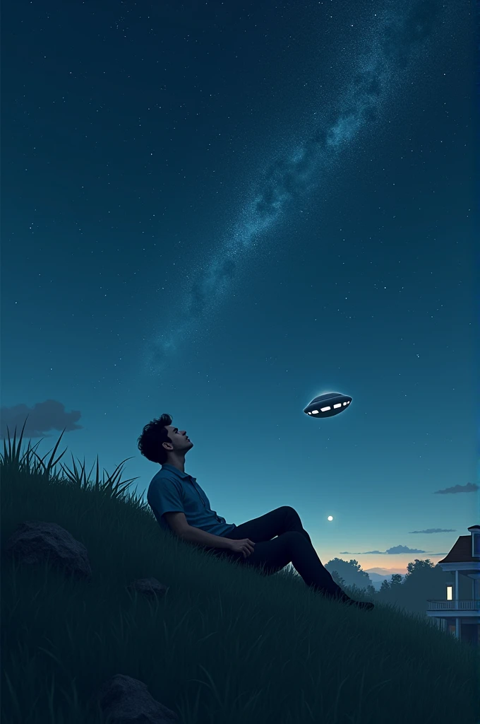 A man lay down at midnight to watch the stars on a hill behind his house. The sky was filled with stars and a UFO was hidden in it.