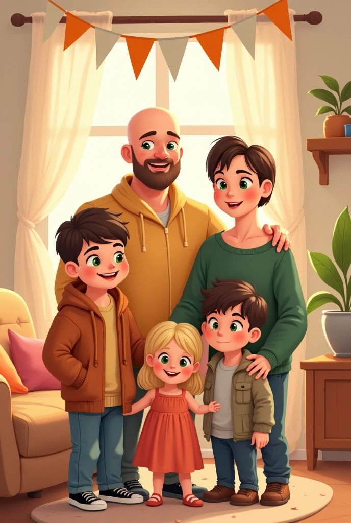 Create a realistic image of a family, They are sitting. This family has a white father with gray hair. A brunette woman with curly black hair. An adult white daughter with loose curly hair. An adult brown-haired son with black hair and the other adult daughter with short red hair and white skin. They have smiles on their faces. The sky is full of stars