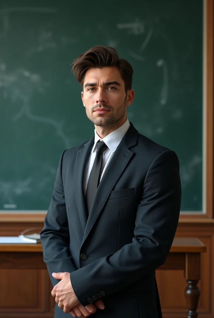 Realistic new male student at vocational school and introducing himself in front of a large blackboard wearing a large vocational school uniform, brown eyes with a bit of black, thick eyebrows, comma hair, brown hair and a slightly aquiline nose that attracts tall, big, handsome women and a face that doesn't smile