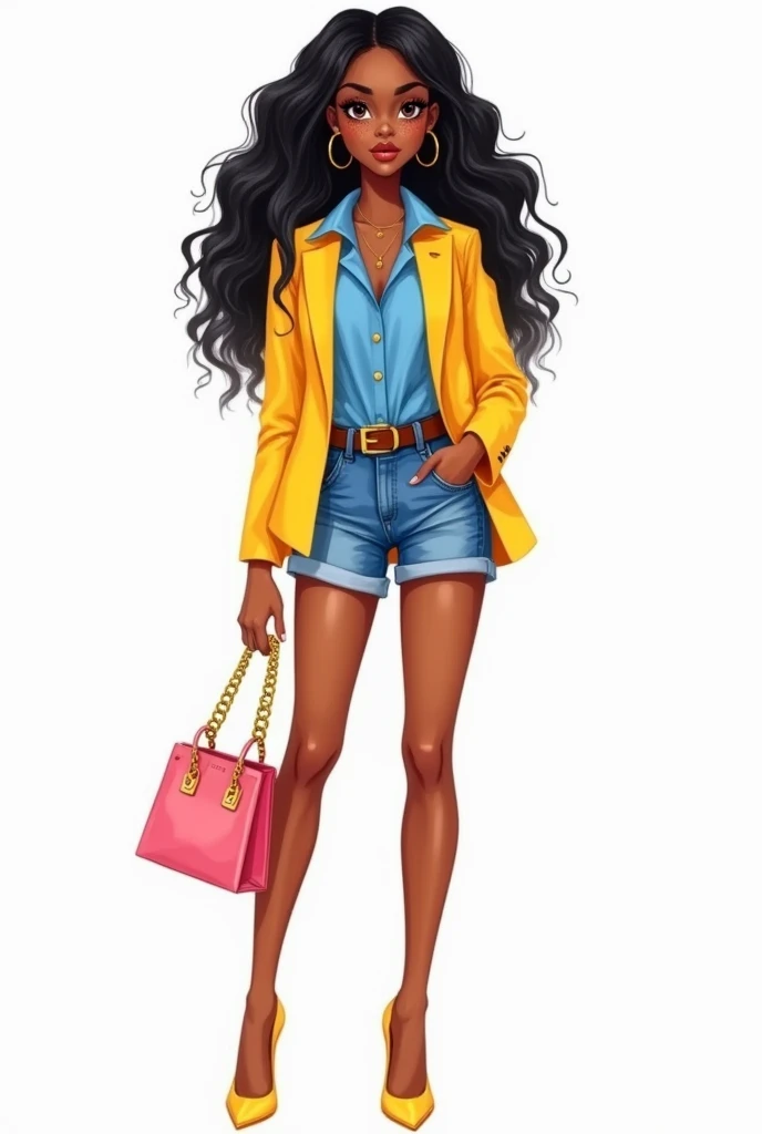 Watercolor illustration of a female character. A beautiful 25-year-old black woman, she has dark wavy hair that falls in a cascade. She has striking eyes and freckles on her face. A woman is wearing a yellow blazer over a blue blouse and denim shorts... a brown belt. She is carrying a pink bag with a gold chain strap in her hand and wearing yellow high heels,vector art, cartoon style illustration, HD illustration, 8k,by Jen Bartel