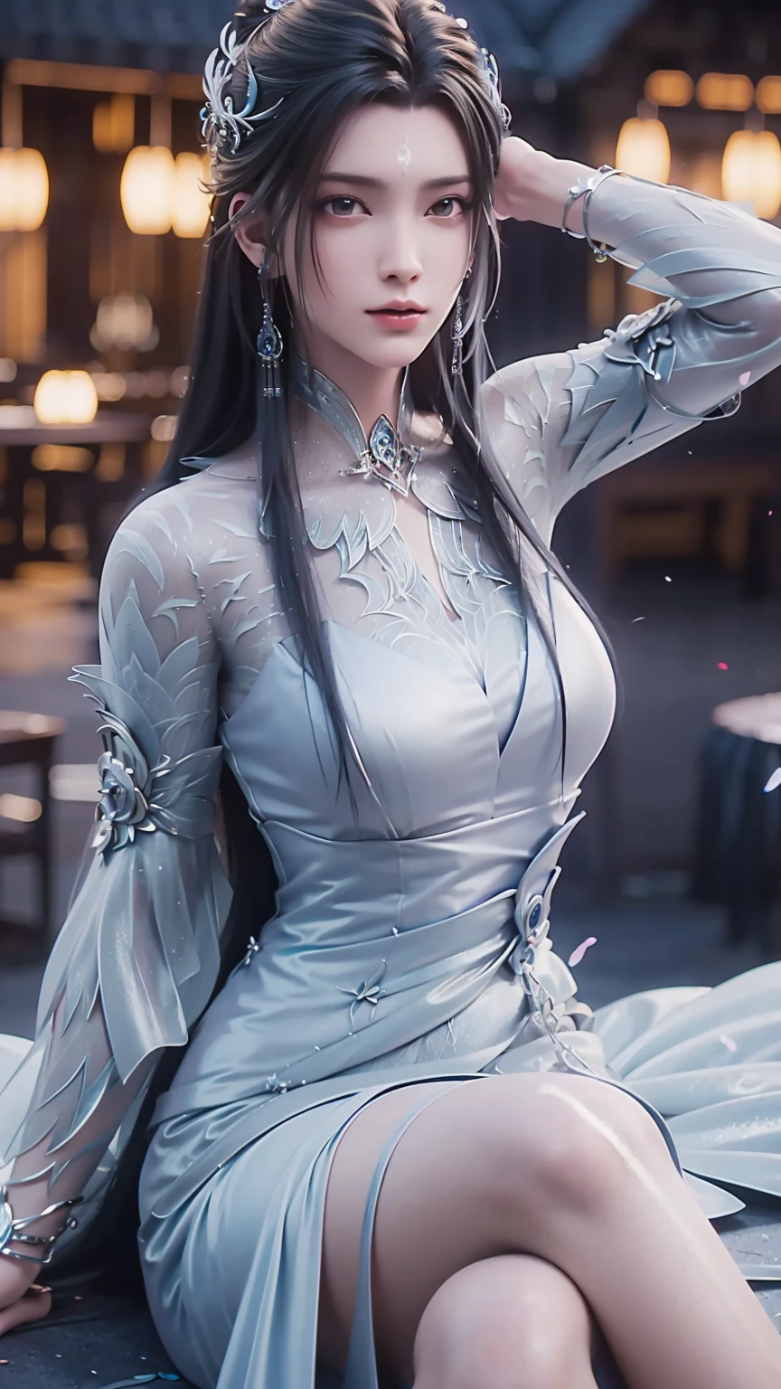 1 girl, beautiful detailed eyes, beautiful detailed lips, extremely detailed eyes and face, long eyelashes, slender figure, girl wearing dress and thigh-high socks, showing graceful figure, correct limbs, sitting on bed, hands behind head, starry night sky background, (best quality,4k,8k,highres,masterpiece:1.2),ultra-detailed,(realistic,photorealistic,photo-realistic:1.37),HDR,UHD,studio lighting,ultra-fine painting,sharp focus,physically-based rendering,extreme detail description,professional,vivid colors,bokeh,digital art,cinematic lighting