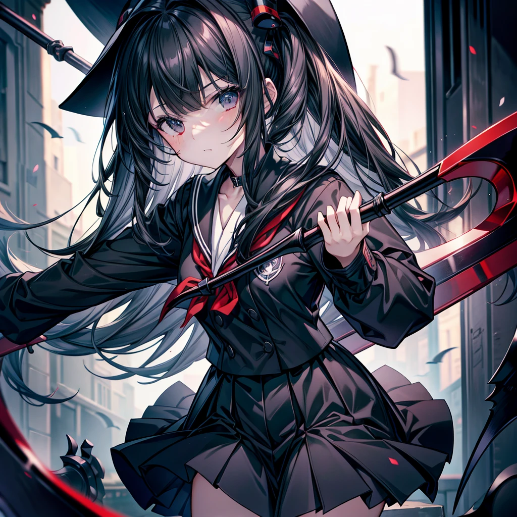highest quality、Masterpiece、Official Art、The best composition、A high school girl vampire hunter wearing a black sailor uniform、Has the Grim Reaper's Scythe、Wind、deep focus,absurdres、detailed eyes and face、Blood splatter、Blood is dripping from the scythe、minaba hideo、
Grim Reaper's Scythe、