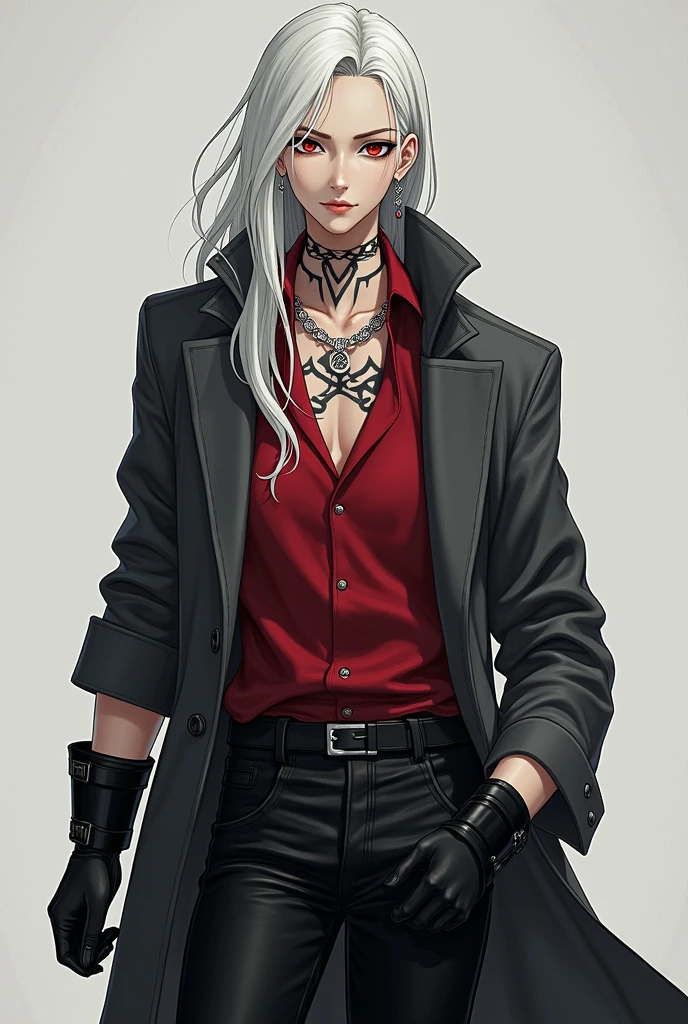 masculino homem, Age 22, Japanese 1,95 tall, crimson red eye color, white hair color straight hair long, dark gray overcoat wearing black pants a red shirt ,military boots , black long gloves,has tribal tattoos , accessories include a silver chain and diamond earrings and a scar on her chest.