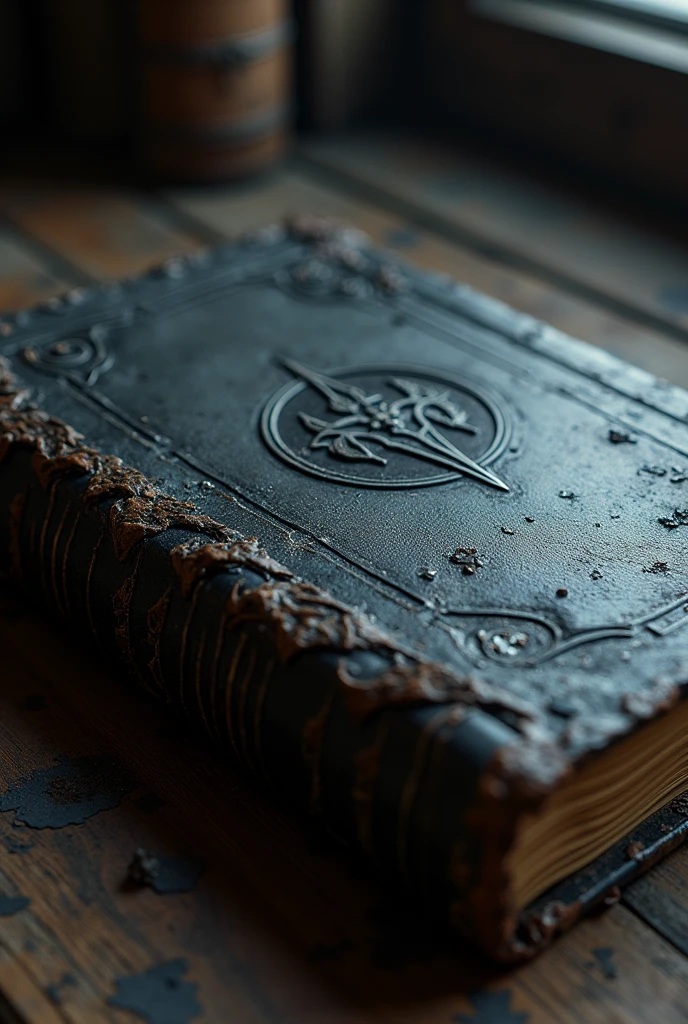 An old, tattered, black book cover.