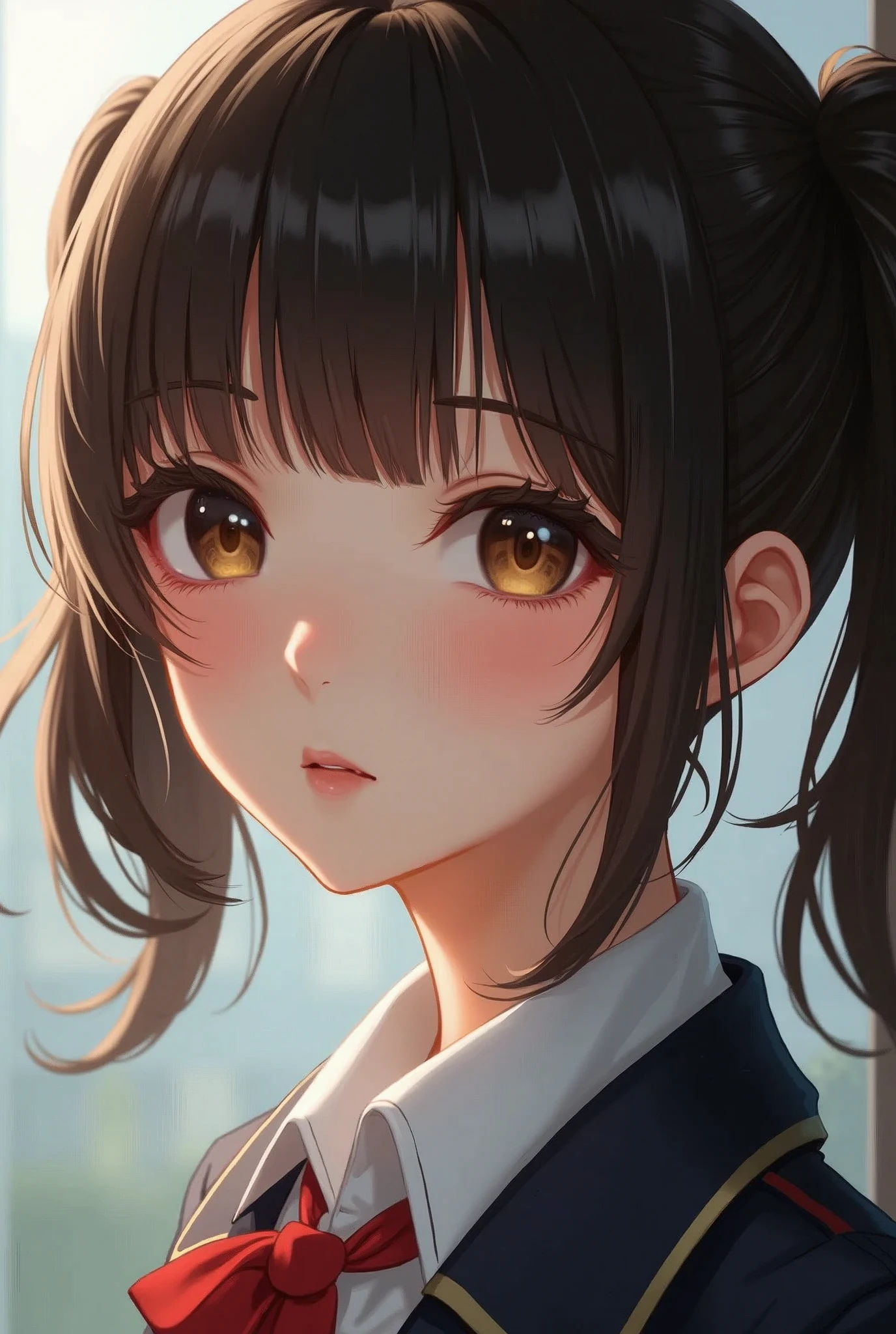 (realistic woman pictures:1.3), Amazing face and eyes, highly detailed Beautiful face, twintails, Bangs, big brown eyes, pale skin, slim, pale skin, hi-school uniform, fine face, realistic, detailed depiction, Ultra-detailed, realistic pictures