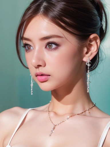 (masterpiece, highest quality:1.2), 8k, 85mm, Raw photo, confused, white and cyan theme, (liquid clothes, liquid dress:1.4), gray hair, gradient dress, delicate girl, Upper body, close your face, shiny skin, , looking at the viewer, HDR, sharp focus, particle, dusk sky, shiny skin, small eyes and face, colorful background, simple background、earrings、necklace、clavicle、twin tails、See-through silk dress、Gal Makeup、,Choker Necklace、Big earrings、Platinum Jewelry、Twin tails、cheek、((Cleavage Emphasis))、(Nipple Covers)、high Ponytail、Gold Hair Accessories、Red hair