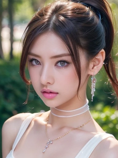 (masterpiece, highest quality:1.2), 8k, 85mm, Raw photo, confused, white and cyan theme, (liquid clothes, liquid dress:1.4), gray hair, gradient dress, delicate girl, Upper body, close your face, shiny skin, , looking at the viewer, HDR, sharp focus, particle, dusk sky, shiny skin, small eyes and face, colorful background, simple background、earrings、necklace、clavicle、twin tails、See-through silk dress、Gal Makeup、,Choker Necklace、Big earrings、Platinum Jewelry、Twin tails、cheek、((Cleavage Emphasis))、(Nipple Covers)、high Ponytail、Gold Hair Accessories、Red hair