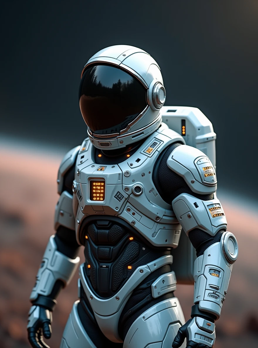 An incredibly advanced astronaut suit. The design pays attention to detail with highly sophisticated technology integrated into its make-up. The suit is silver-grey in color, with reflective metallic surfaces denoting its high-tech materials. It boasts a large, glass-encased helmet allowing a wide field of visual access. The suit's chest region houses a complex control panel with glowing indicators. The gloves are articulately designed for precision and mobility, and the boots are sturdy yet light. Overall, the suit reflects a futuristic outlook on space exploration, embodying cutting-edge advancements in space technology.