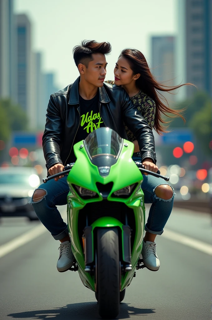 a handsome hongkong man aged 25 years, neat hair, clearly visible face, wearing a batik motif t-shirt with neon green "Uday Art" slanted writing, wearing a black leather jacket with full attributes, ripped jeans, white cat shoes. 25 year old woman, long flowing hair, wearing matching clothes, arms hugging the man, they are riding a green and black Ducati sports motorbike on the highway, Jakarta road traffic background, realistic motorbike colors