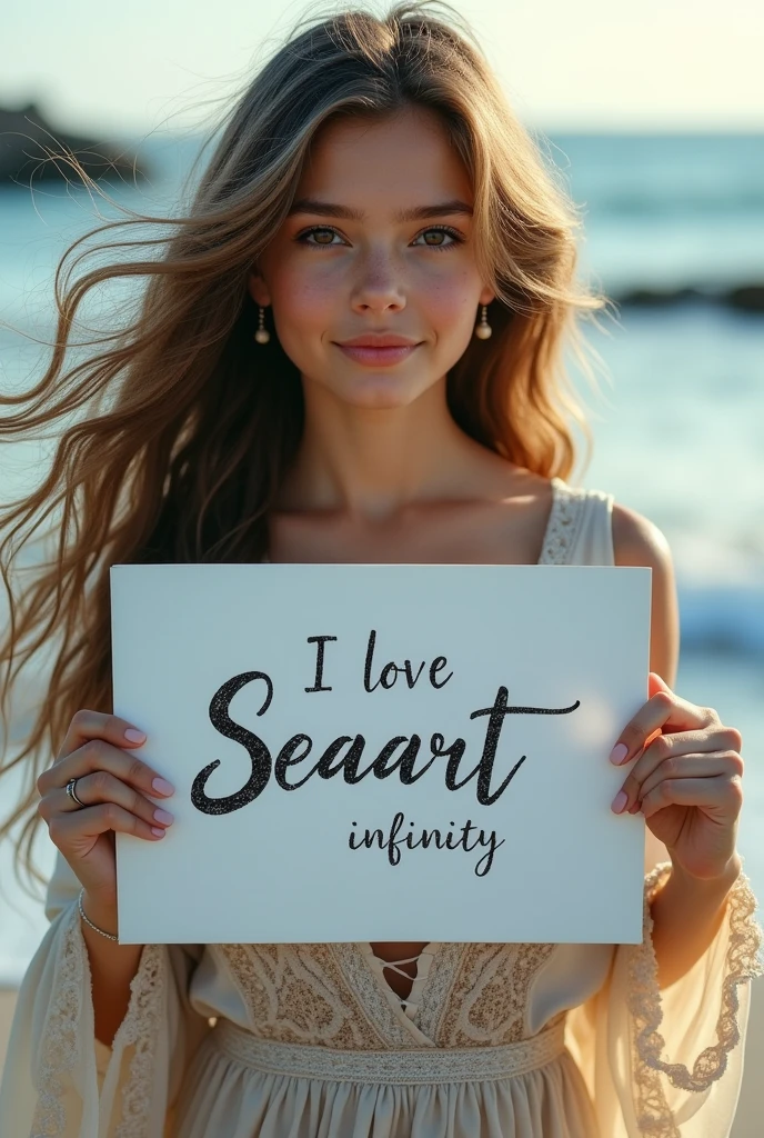 Beautiful girl with wavy long hair, bohemian dress, holding a white board with text "I Love Seaart Infinity" and showing it to the viewer