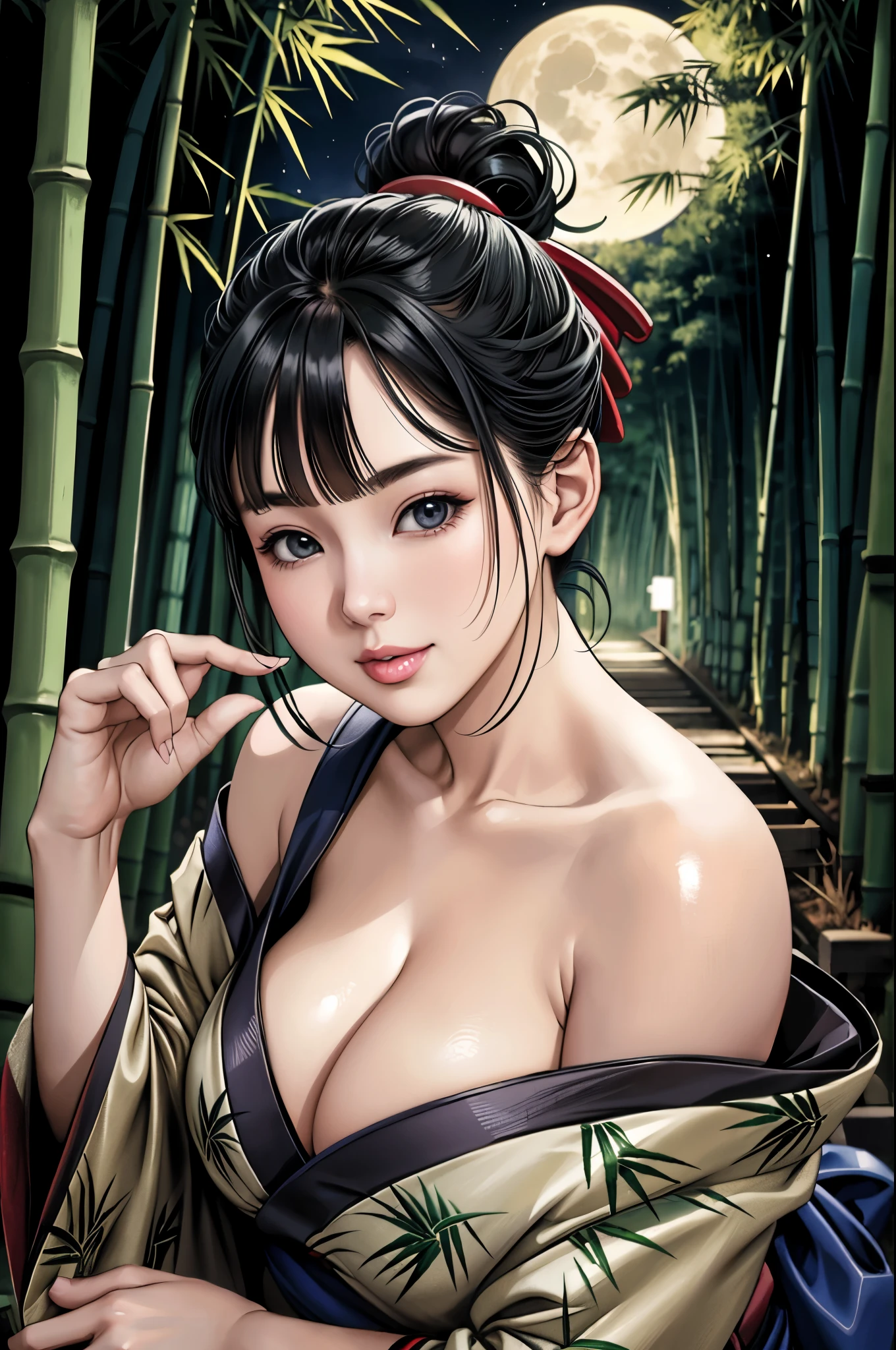 (Browsing Caution), (RAW Photos), (Realistic), (Photorealistic), Ultra-high resolution, masterpiece, Highest quality, Portraiture, facial Portraiture, Perfect lighting, Detailed lighting, Dramatic Shadows, Ray Tracing, Pure Eros Face_v1, Urzan-6500-v1.1, ((gentle smile)), ((upper body:1.2)), ((random sexy pose)), looking at viewer, ((wearing a kimono)), ((off shoulders kimono:1.2)), ((in Bamboo forest:1.2)), ((night:1.2)),