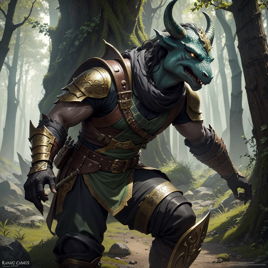 Dragonborn, brass scales with black tips, Ranger, in forest