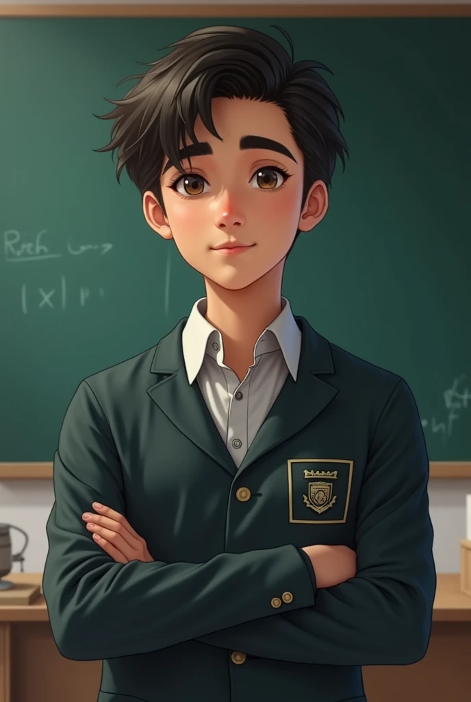 Realistic new male student at vocational school and introducing himself in front of a large blackboard wearing a large vocational school uniform, brown eyes with a bit of black, thick eyebrows, comma hair, brown hair and a slightly aquiline nose that attracts tall, big, handsome women and a face that doesn't smile