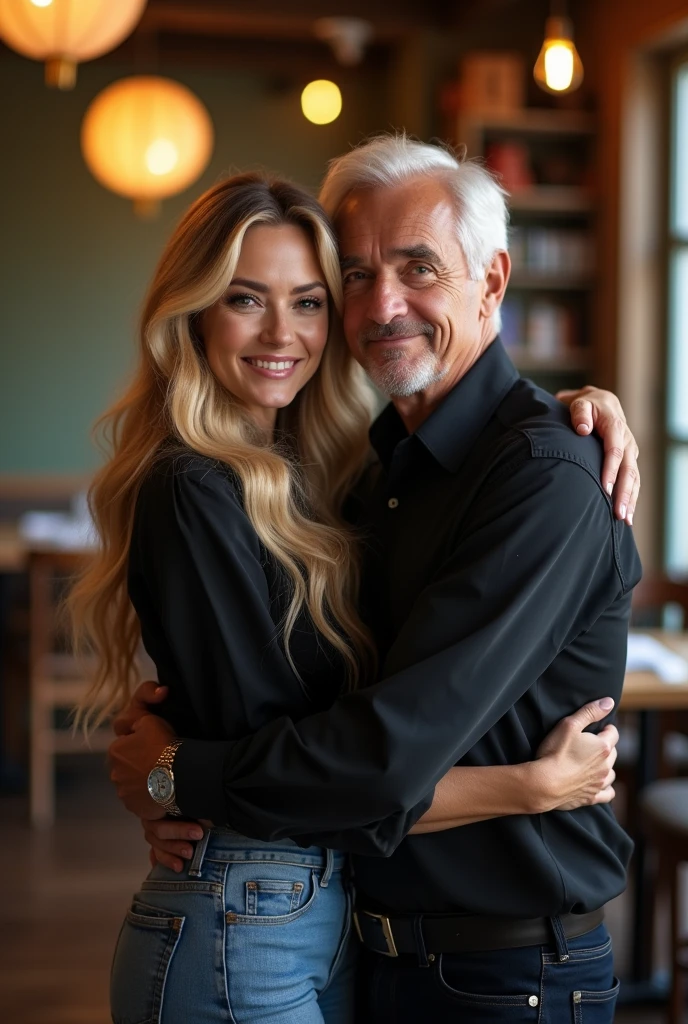((Long shot)) Blonde influencer with long, naturally wavy hair, medium height, she has , hugging her father, 58 year old man, in a restaurant fitness body, she wears a sexy black use, Combines classic streetwear pieces , Such as sneakers, hoodies or jeans, with high-quality accessories such as designer bags or luxury watches, to create a modern and elegant look, beautiful, 8K, super detailed, realistic, intricate details, realistic skin texture, realistic hair, texture, fun, 8K uh, best quality, High resolution, Attention to detail, very large breasts, Long wide angle
