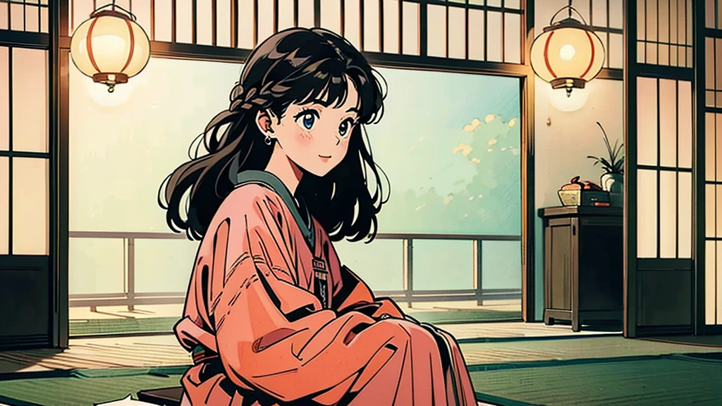 A girl sitting at a traditional tatami room, braid hair, with paper lanterns and sliding doors, enjoying her music.