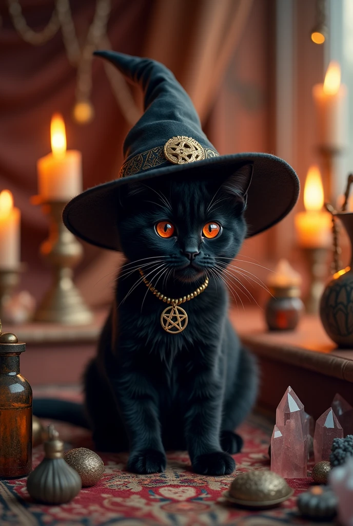 a cute black cat wearing witch'shat, surrounded by candles, crystals, and other magical items, no humans, hat, witch hat, animal focus, cat, candle, animal, flower, black cat, fireplace, indoors, pumpkin, wiccan artifacts,hyper-detailed,ultra-realistic, 8k,ultra-realistic, hyper-detailed, 32k uhd, (Background is Luxury Witch Room and Magic Room) Necklace hexagram, Candles, magic bottle large and Magic small bottle,devil dark red eyes, A lot of items of magic and witchcraft 