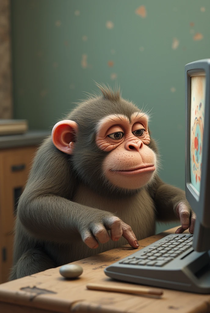 A fat monkey playing sticks and stones on a computer