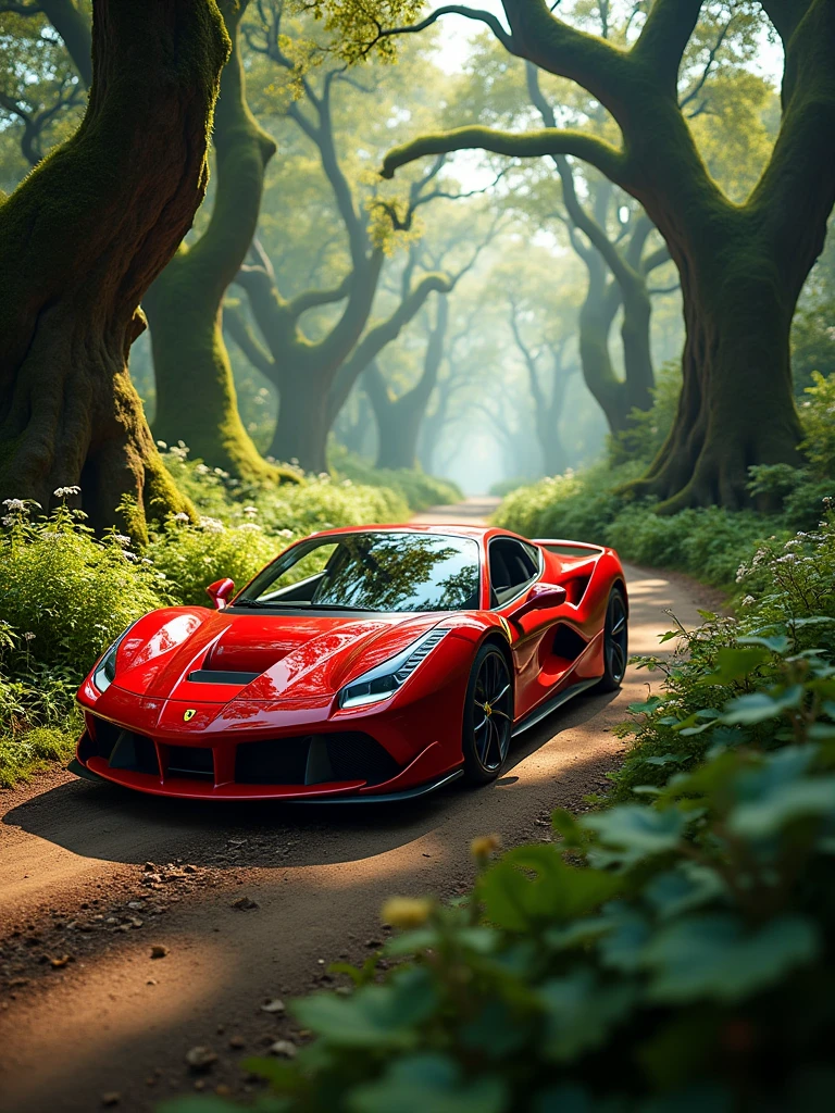 a red ferrari driving on a dirt road in the middle of an enchanted forest. Top angle, as if filmed by a drone. Ultra realistic 8k image. extremely detailed.