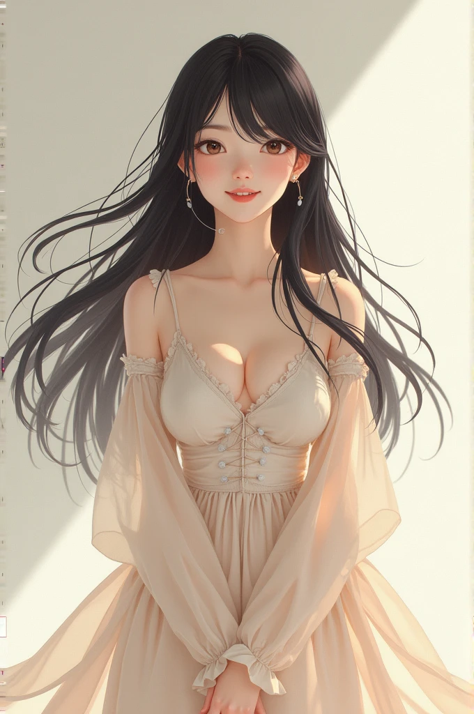 Japanese woman with long hair。Gently smiling face。With bangs。Dress。Loose and fluffy long。Eyes wide open。