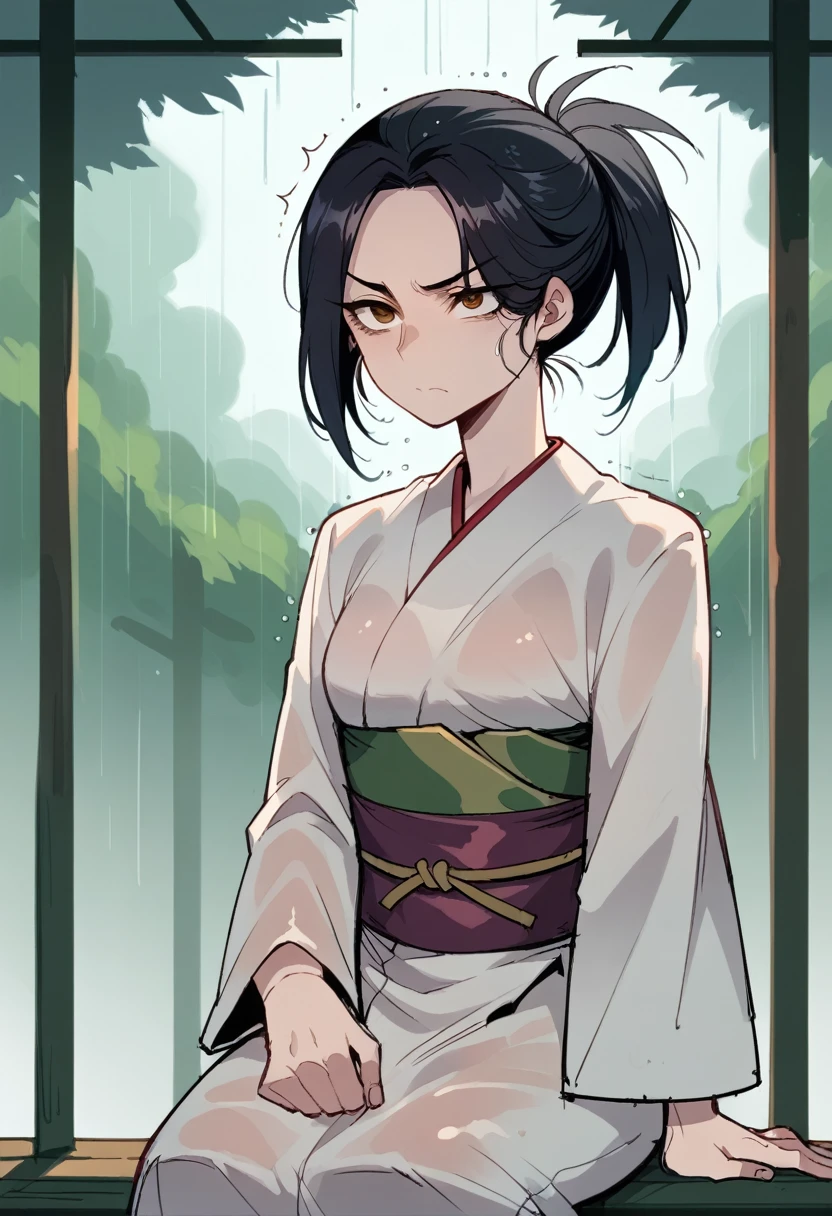 A short and slim girl samurai in her 30s, wearing a long kimono. She looks very youthful. Has long, silky, sleek black hair that reaches down to her belt, its tied in a neat ponytail. Sits outside amongst bamboo, raining. Outside is rainy. Her body looks soft like a girl's. her face looks delicate and girlish, with deep brown eyes. Very small breasts. Her expression is angry.