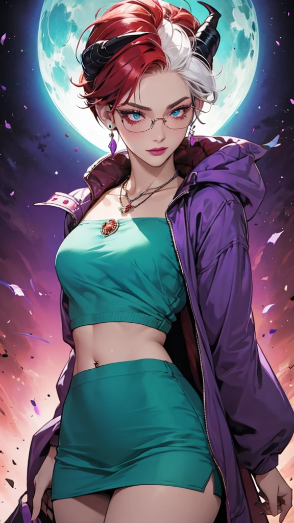 8k, masterpiece, best quality, highly detailed, 1 girl, tiefling, warlock, pixie cut, multicolored hair, very short straight hair red highlight hair on white hair, strippled hair, wearing glasses, round glasses, earrings, navel piercing, red eyeshadow, long eyelashes, blushed cheek, red lips, pearl necklace, rings, collarbone, mole on face, glamorous, teal and purple clothes, miniskirt, smirk, close up view, rings, looking at viewer, demon horns, solo, blue pale moon, standing, royal dress, devil books.