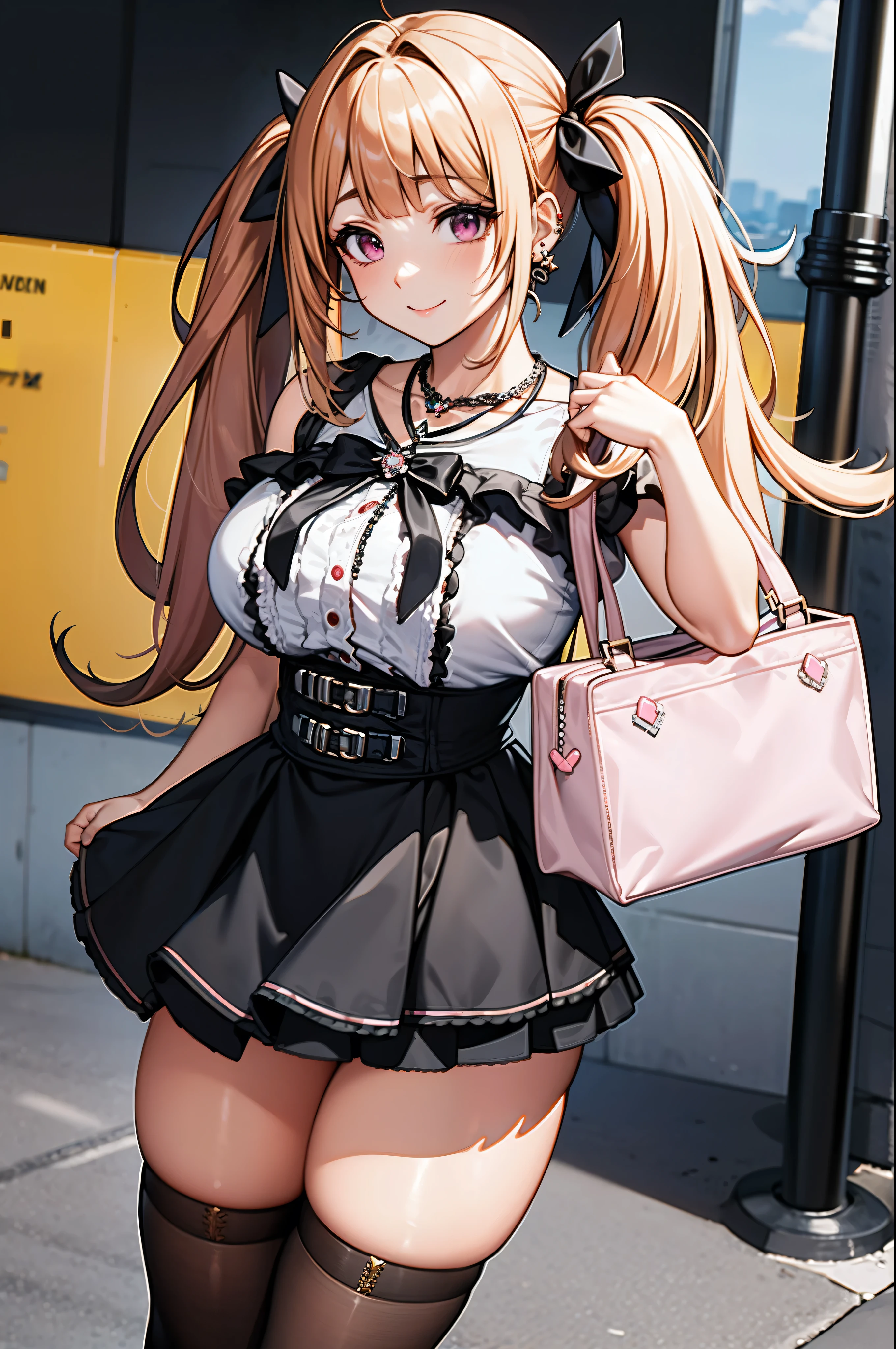 masterpiece, Highest quality, High resolution, HS1, Pale pink eyes, Wide Hips, Thick thighs, Under the skirt, No sleeve, Cleavage, (Blonde), Twin tails, Blunt bangs, (Striped Hair), Pink Shirt, Black knee socks, Micro Skirt, Checked skirt, Red ribbon, Garter Straps, Huge breasts, Outdoor, Cowboy Shot, Are standing, Handbags, Keep the money, panties, A big smile, View your viewers, Thick thighs, jirai kei, Street view, cherry blossoms, necklace, Ear Piercing
