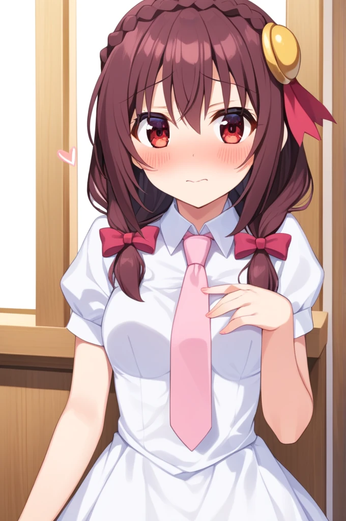 alone, One girl, Yunyun, (Embarrassed look:1.5)、 (blush:1.5)、Crown braids of the same color as your hair, Red Eyes、hair ornaments, Hair Ribbon, Pink tie, White dress, Cafe、heartの形のストローが2本の大きめのドリンクが机にある、heart、♥