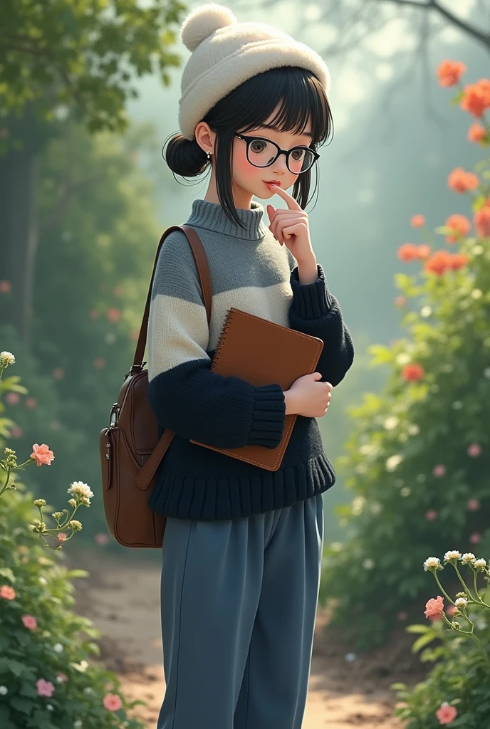 A girl wearing grey,black and white woollen sweater with blue parallel pants ,with short ponytail, wearing glasses, without earings, with one tin leg with a leather book in her hand, wearing a white fur cap with a garden as background with no bags