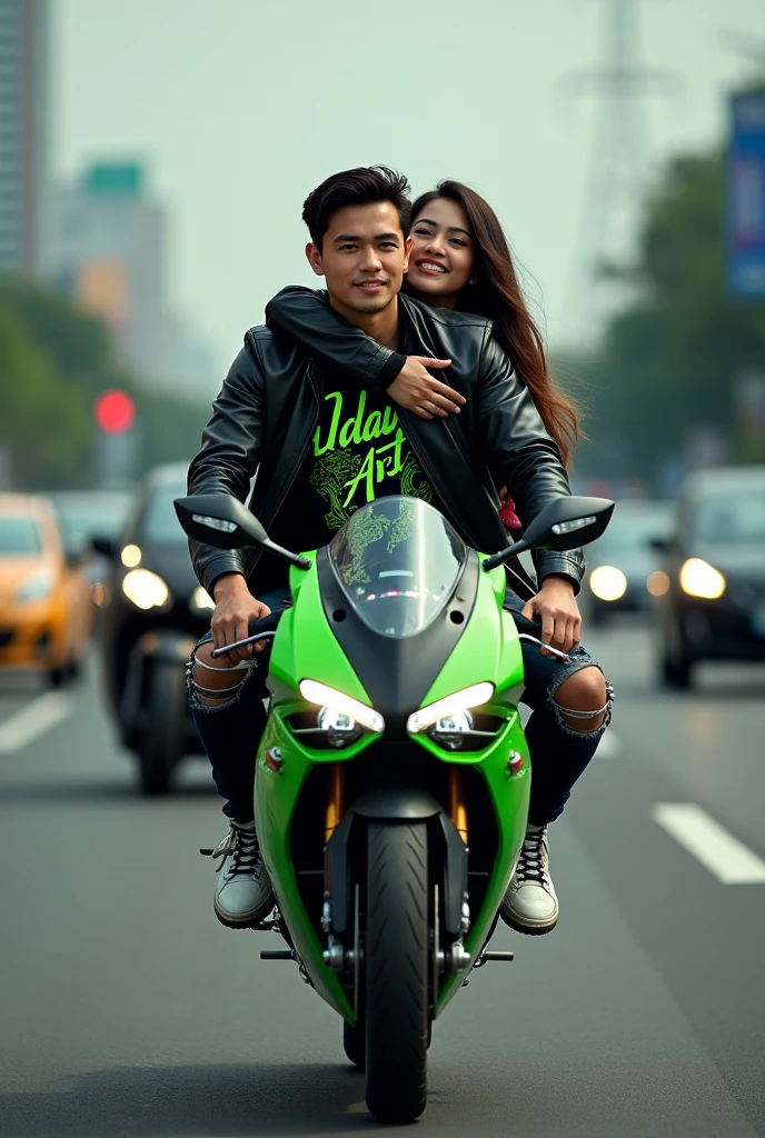 a handsome hongkong man aged 25 years, neat hair, clearly visible face, wearing a batik motif t-shirt with neon green "Uday Art" slanted writing, wearing a black leather jacket with full attributes, ripped jeans, white cat shoes. 25 year old woman, long flowing hair, wearing matching clothes, arms hugging the man, they are riding a green and black Ducati sports motorbike on the highway, Jakarta road traffic background, realistic motorbike colors