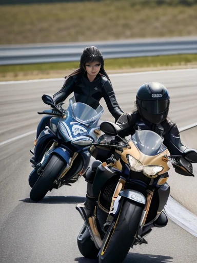 best quality, detailed, beautiful, insanely detailed, absurdres,perfect anatomy,((2 girls:1.3)) ((two motorcycles)), (Two racer replica motorcycles speeding down the highway:1.5), (motion blur:1.2), Japanese female,black hair,27 years old, (slender), (small breasts),(super fucking beautiful),
