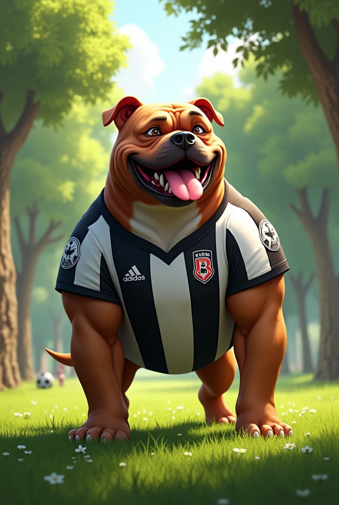 **Image Description:**

"A large American Bully dog, wearing a Botafogo shirt. The dog must be standing, with a happy and playful expression. Ao fundo, a setting reminiscent of a sunny day in a park, with trees and green grass. 

**Text on Image:**

"happy fathers day!" in large, festive letters, positioned at the top of the image."