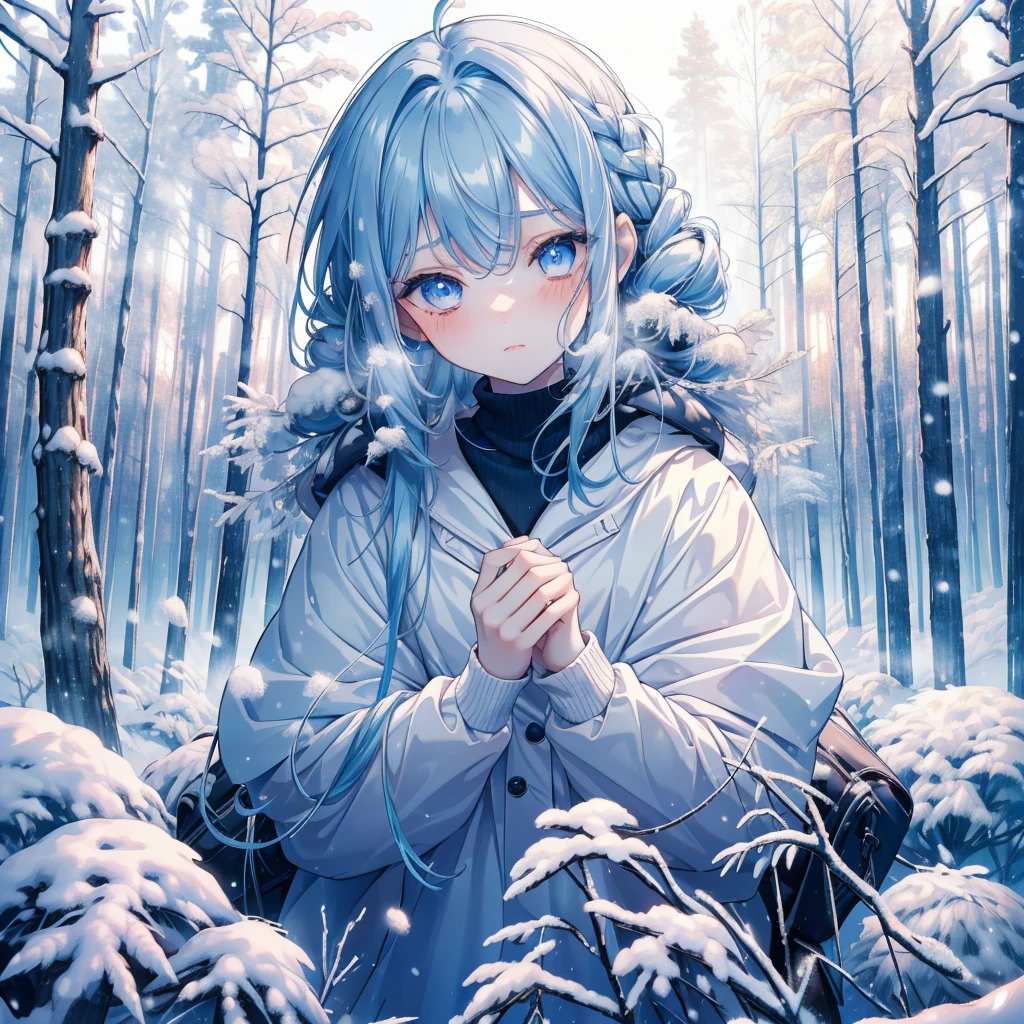 1girl, (), (close up), (cute:1.2), closed mouth, swet lips, (rosy cheeks), (shy), (pale skin), (dark blue eyes), (blue hair), (long hair), (long strands), (cold:1.4), (young pine forest), (snow),