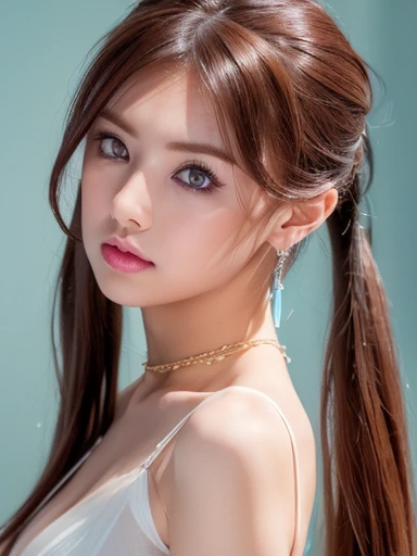 (masterpiece, highest quality:1.2), 8k, 85mm, Raw photo, confused, white and cyan theme, (liquid clothes, liquid dress:1.4), gray hair, gradient dress, delicate girl, Upper body, close your face, shiny skin, , looking at the viewer, HDR, sharp focus, particle, dusk sky, shiny skin, small eyes and face, colorful background, simple background、earrings、necklace、clavicle、twin tails、See-through silk dress、Gal Makeup、,Choker Necklace、Big earrings、Platinum Jewelry、Twin tails、cheek、((Cleavage Emphasis))、(Nipple Covers)、high Ponytail、Gold Hair Accessories、(Red hair)、((Camera angles from the waist up))、Fisheye Lens