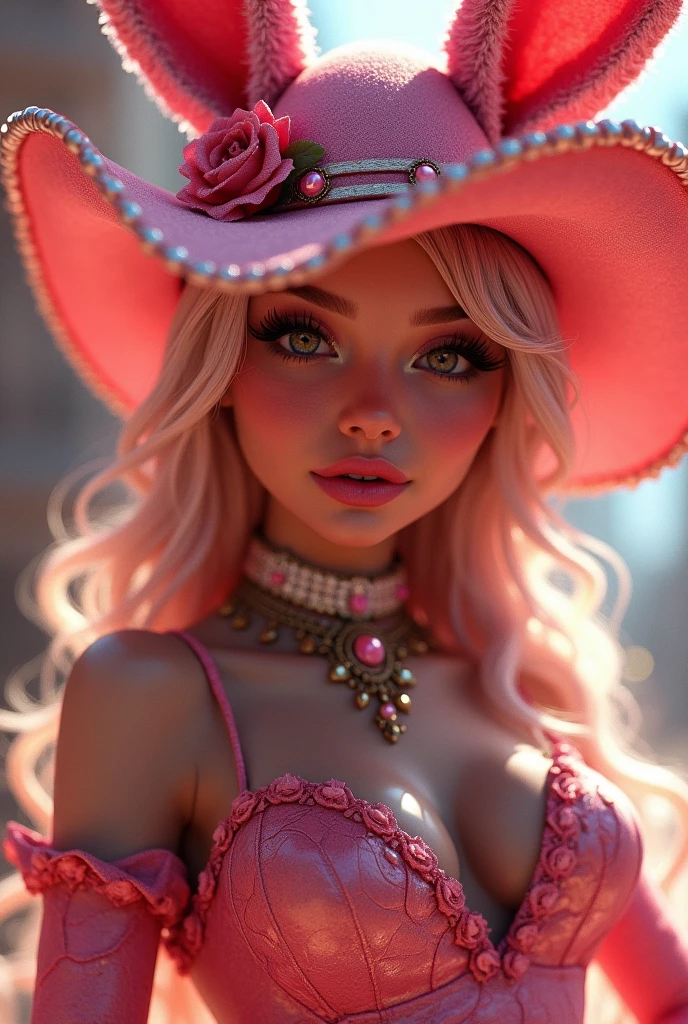 Cowboy Shot、Pink Panther Personification、Highly detailed face and eyes、Beautifully detailed lips、Long eyelashes、Bunny Girl Costume、Detailed Jewelry、Intricate costume design、Glowing Skin、Dynamic pose、Cinematic lighting、Bright colors、Fantasy art style、Photorealistic、8k、high quality