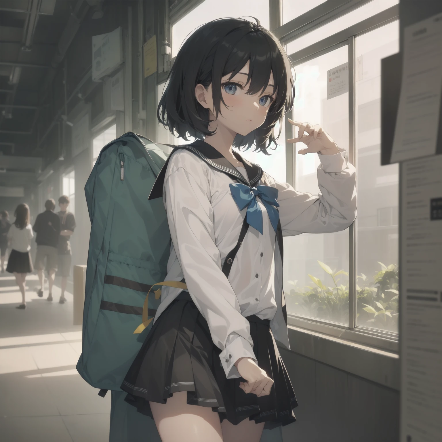 ultra-absurdres-Top quality by artist God, ultra-detailed, high resolution, anime moe artstyle, best anime 8k konachan wallpaper, pixiv contest winner, pool:2810, perfect anatomy,break, 1girl, (Please draw a girl walking sleepily to school alone. )break,(Solo,little female, -yeld:1.Full limbs, complete fingers,a junior hihort hair), short cut, flat chest, , small butt, small black eyes, beautiful detailed eyes, well-proportioned iris and pupils, expressive eyes, highres detailed hair, soft expression, salor school_uniform, sailor collar, serahuku, bow, pleated skirt,(Detailed Lighting), (Detailed background), in the School commute route. break,super detailed skin, Best cinematic lighting powered by famous artist, 8k,beauty illustration,photoshop_(medium),very aesthetic,break,((artist:yuureidoushi_(yuurei6214) )), artist:clamp ,artist:carnelian ,artist:kantoku ,