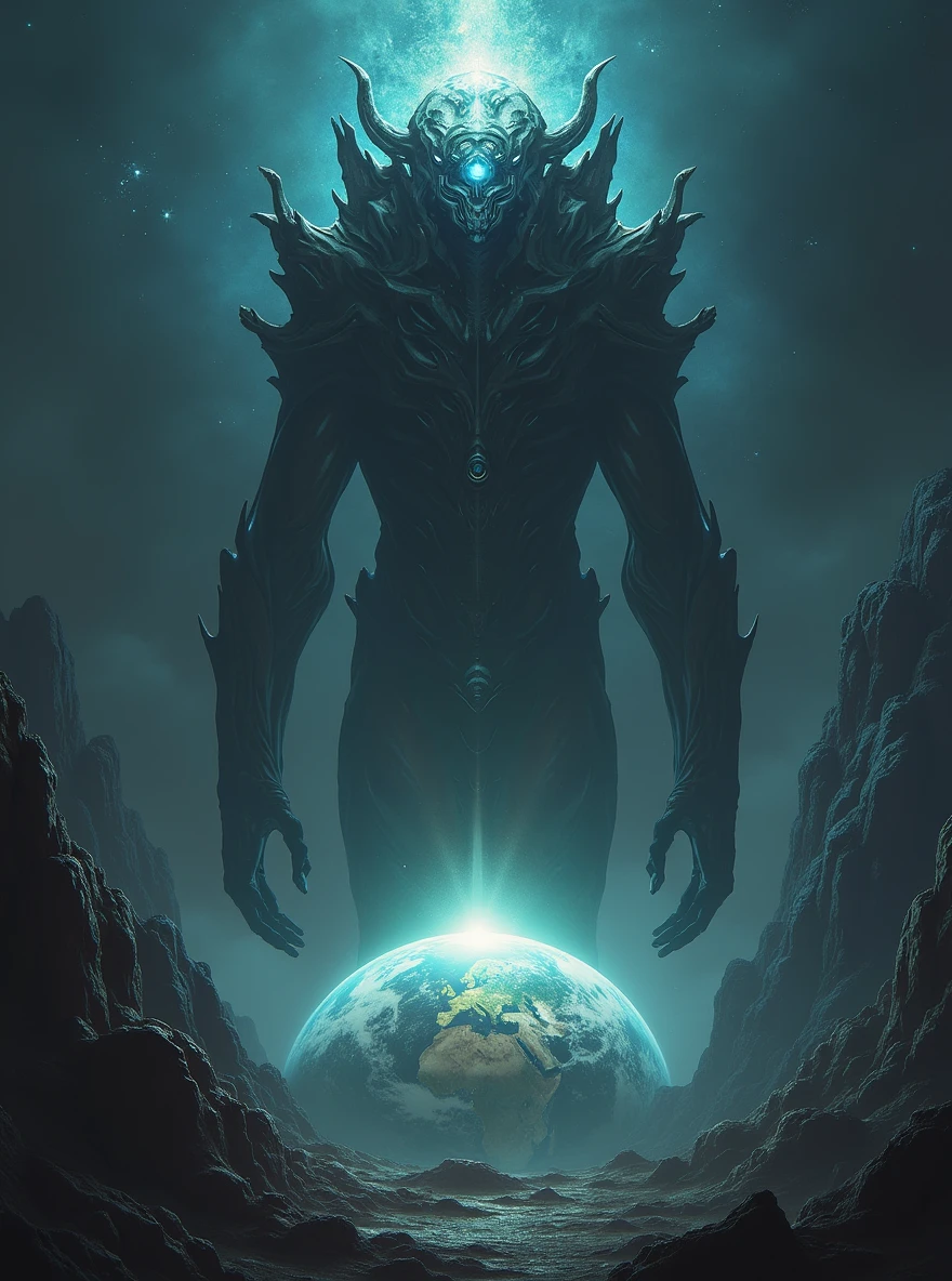An alien creature from a galaxy far, far away,Demonstrates impressive supernatural abilities,This entity is shrouded in an aura of mystery and power.,Radiating dazzling energy and distinctly non-human features。Its sharp eyes look down upon the earth,Absorb the complexity of human culture and life。This scene is set against the backdrop of a vast, dark universe and mysterious alien structures.,The dark background further highlights the strangeness and huge size of the alien creatures.,The tiny earth is illuminated,Showing its beauty and diversity,This alien is unlike any life form on Earth,Standing in front of a large Zerg-style spaceship,This spaceship is StarCraft style,Alien beauty,The edges are uneven,Unique structure,As if there is life