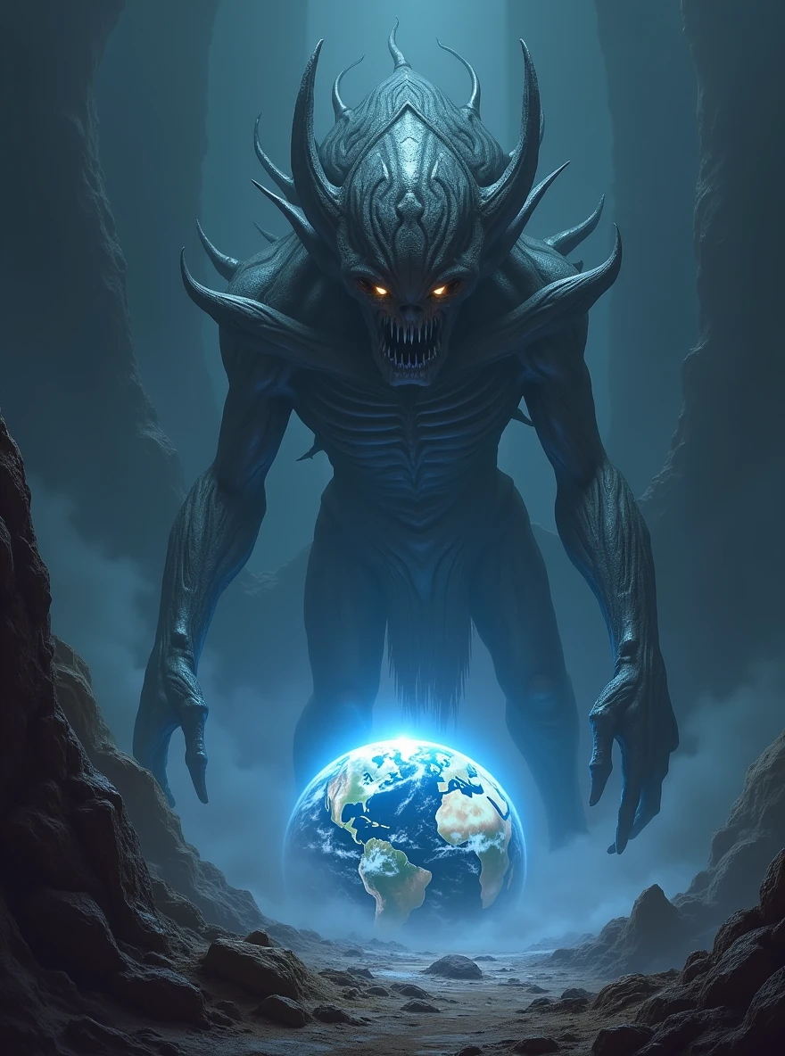 An alien creature from a galaxy far, far away,Demonstrates impressive supernatural abilities,This entity is shrouded in an aura of mystery and power.,Radiating dazzling energy and distinctly non-human features。Its sharp eyes look down upon the earth,Absorb the complexity of human culture and life。This scene is set against the backdrop of a vast, dark universe and mysterious alien structures.,The dark background further highlights the strangeness and huge size of the alien creatures.,The tiny earth is illuminated,Showing its beauty and diversity,This alien is unlike any life form on Earth,Standing in front of a large Zerg-style spaceship,This spaceship is StarCraft style,Alien beauty,The edges are uneven,Unique structure,As if there is life