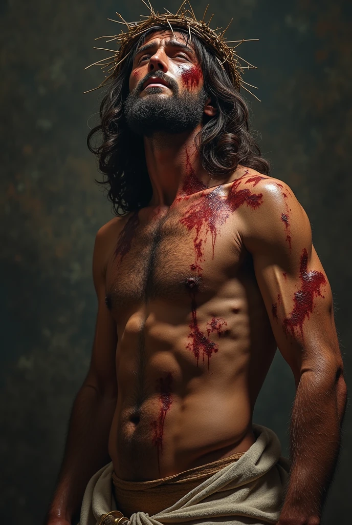 (work of art)(super verbose)(4k supreme image quality)(ultra realisitic)(fot)
"prompt": "A highly realistic and emotionally evocative depiction of Jesus Christ during the Passion, shortly before the crucifixion. He is standing, but with difficulty, after having endured severe scourge. Your body is wounded, with deep and visible wounds from the lashes on his back, arms and legs. Your face is marked by sweat, blood and a deep expression of pain and sadness. Their eyes, although full of agony, convey a feeling of compassion and love. The crown of thorns rests heavily on his head, with thorns piercing your skin, making the blood run down the forehead. The background is dark and gloomy, emphasizing the gravity of the moment. The general atmosphere is one of immense suffering, but also of divine strength and endurance."
}