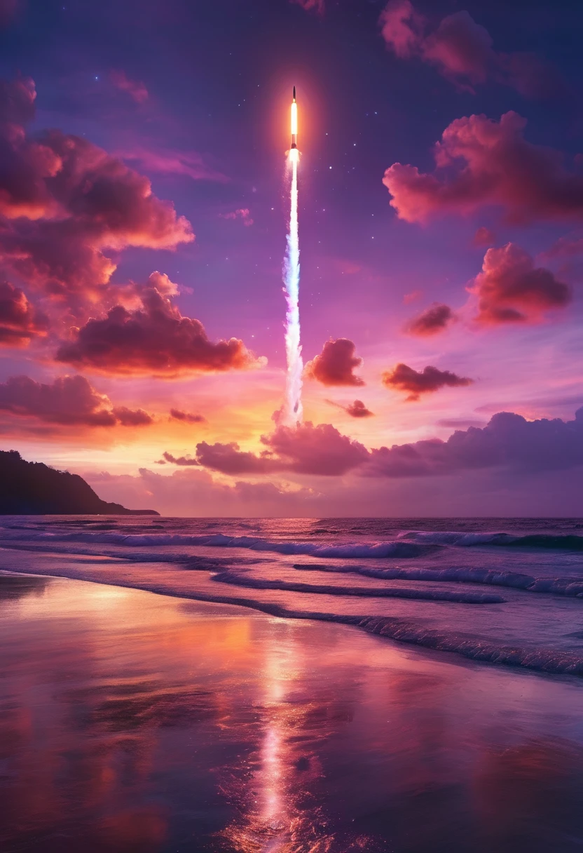 虹色rocket、大きなrocket、Iridescent skyを飛ぶrocket,rocket、虹色のrocket、colorful,Iridescent smoke、虹色のrocketはIridescent smokeを出している、Beautiful sky,wonderful景色,Seaside,Iridescent sky、An atmosphere full of dreams and hope,masterpiece.16K, Ultra-high resolution, Ultra-high resolution, to be born,wonderful ,future、Iridescent、The world 30 years from now。