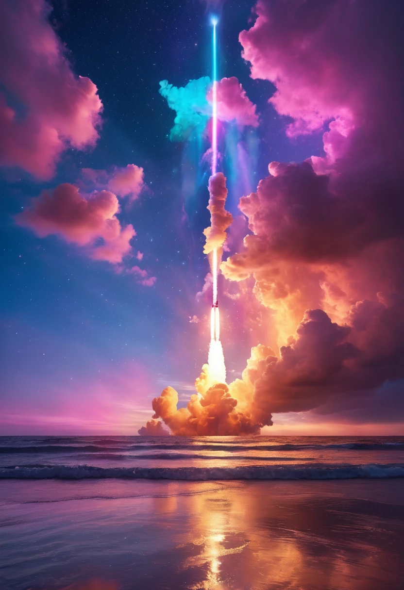虹色rocket、大きなrocket、Iridescent skyを飛ぶrocket，rocket、虹色のrocket、colorful，Iridescent smoke、虹色のrocketはIridescent smokeを出している、Beautiful sky，wonderful景色，Seaside，Iridescent sky、An atmosphere full of dreams and hope，masterpiece．16K, Ultra-high resolution, Ultra-high resolution, to be born,wonderful ,future、Iridescent、The world 30 years from now。