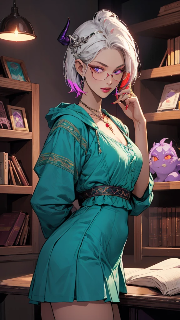 8k, masterpiece, best quality, highly detailed, 1 girl, tiefling, warlock, pixie cut, multicolored hair, very short straight hair red highlight hair on white hair, strippled hair, wearing glasses, round glasses, earrings, navel piercing, red eyeshadow, long eyelashes, blushed cheek, red lips, pearl necklace, rings, collarbone, mole on face, glamorous, teal and purple clothes, miniskirt, smirk, close up view, rings, looking at viewer, demon horns, solo, blue pale moon, standing, royal dress, devil books.