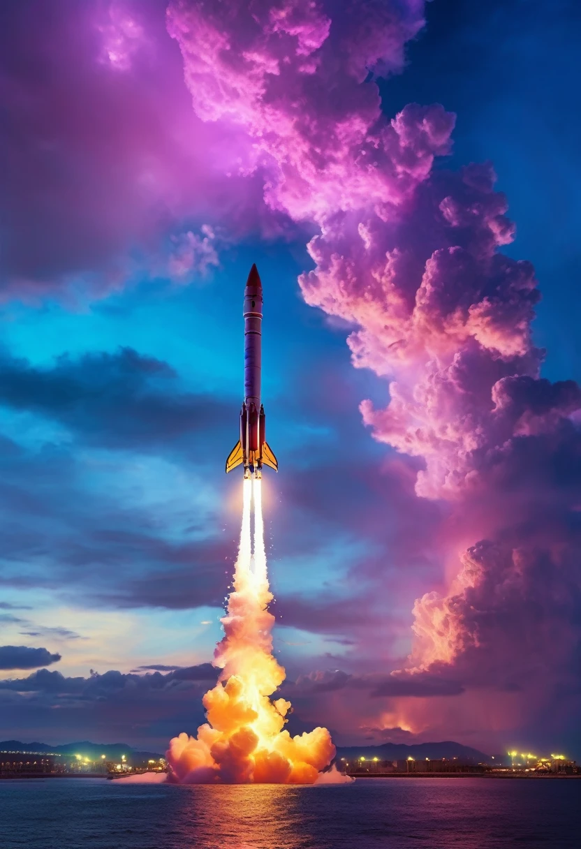 虹色rocket、大きなrocket、Iridescent skyを飛ぶrocket,rocket、虹色のrocket、colorful,Iridescent smoke、虹色のrocketはIridescent smokeを出している、Beautiful sky,wonderful景色,Seaside,Iridescent sky、An atmosphere full of dreams and hope,masterpiece.16K, Ultra-high resolution, Ultra-high resolution, to be born,wonderful ,future、Iridescent、The world 30 years from now。
