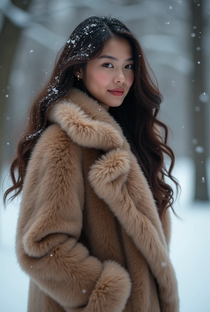 (Tabletop、highest qualそれy、8k、Award-winning works、Ultra-high resolution)、A beautiful Filipina woman、(thick and big fur coat:1.3)、(A high-quality coat filled with fluffy fur:1.2)、Brown Hair、(Long Wavy Hair:1.1)、Great cinema lighting、(The most romantic and moody atmosphere:1.1)、winter、Snow Scene、it&#39;s snowing、(Walking in the snow in Northern Europe:1.1)、look at me、(Very large breasts:1.1)、Blurred Background、Accurate anatomy、Ultra HD Hair、Ultra-high resolution for perfect, beautiful teeth、Ultra-high definそれion beauty face、Ultra HD Hair、Ultra-high resolutionの輝く瞳、Shining, Ultra-high resolution beautiful skin、Ultra-high resolutionの艶やかな唇、(Face close-up:1.1)、(Elegant round glasses:1.1)