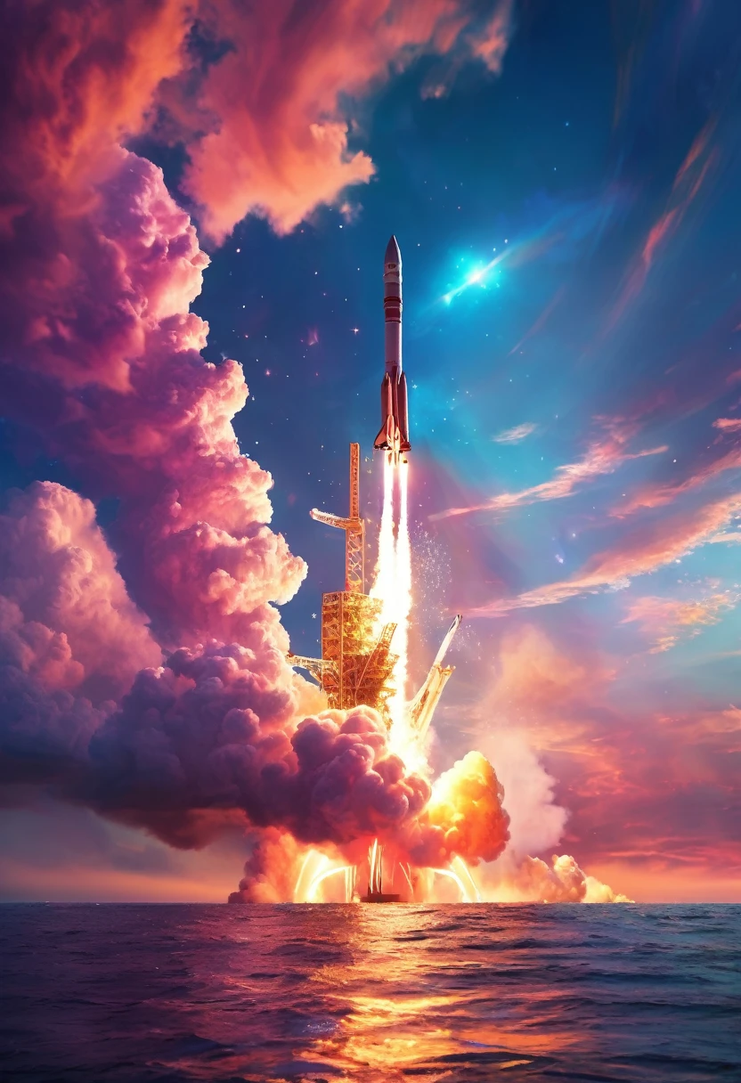 虹色rocket、大きなrocket、Iridescent skyを飛ぶrocket，rocket、虹色のrocket、colorful，Iridescent smoke、虹色のrocketはIridescent smokeを出している、Beautiful sky，wonderful景色，Seaside，Iridescent sky、An atmosphere full of dreams and hope，masterpiece．16K, Ultra-high resolution, Ultra-high resolution, to be born,wonderful ,future、Iridescent、The world 30 years from now。