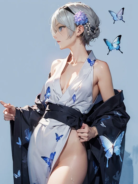 {(slender body:1.2),(small breasts),(carefully drawn eyes:1.4),(captivating eyes:1)},
BREAK,{(sensual look:1.4),(erotic face:1),(very ecstasy:1.2),(writhing:1.4),half open eye},
BREAK,{(realistic anime illustration style:1),(watercolor image:1.2),(sketch drawing),overall light color},
BREAK,{(simple configuration:1.1),(profile:1.2),(look away:1.2),(obscene pose:1.2),(arched back:1.2),(arch your neck:1.4)},
BREAK,{(simple light_blue background:1.4),(hydrangea:1.4),(cast a shadow on the background:1.4)},
BREAK,{(black headband:1.4),((butterfly pattern on pearl_colored yukata:1.4),(disheveled yukata:1.4)},
BREAK,{(clavicle:1.2),(cleavage between breasts:1),(shoulder:1.2),(thigh:1.4),(armpits:1),(sweat on the neck:1.2)},
BREAK,{solo, (2B of Nier Automa:1.2)), (white_silver colored hair:1.4), short cut hair, (blue eyes,Shining beautiful eyes:1.4)},
BREAK,{(masterpiece,best quality, 8K UHD, extremely detailed CG, detailed beautiful face and eyes and skin and hair)}
